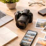 Minimalist workspace with DSLR camera, laptop, smartphone and stock photos representing making money selling stock photos online