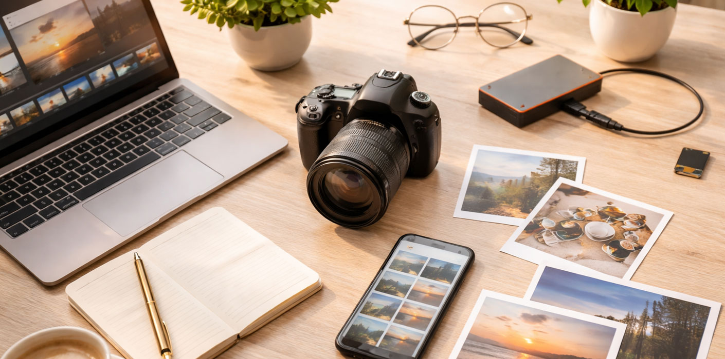 Minimalist workspace with DSLR camera, laptop, smartphone and stock photos representing making money selling stock photos online