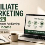 Affiliate marketing 2026 step-by-step guide infographic showing how beginners earn passive income online — choose a niche, promote affiliate links, someone buys, you earn commission