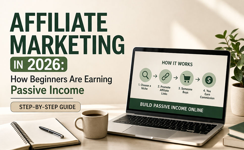 Affiliate marketing 2026 step-by-step guide infographic showing how beginners earn passive income online — choose a niche, promote affiliate links, someone buys, you earn commission