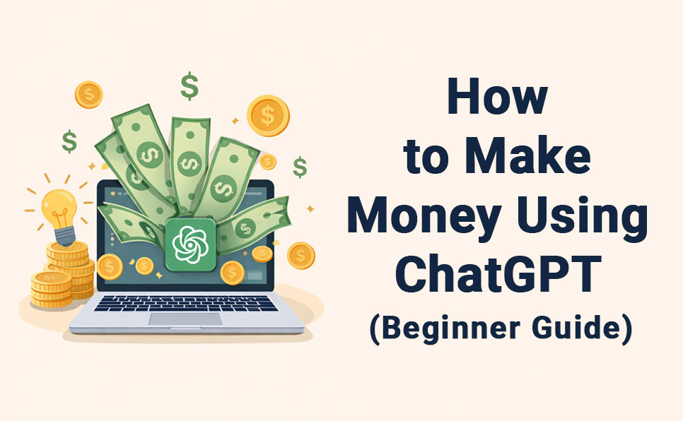 Laptop with ChatGPT logo surrounded by money bills and gold coins illustrating how to make money using ChatGPT in 2026