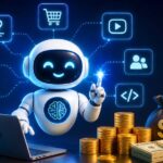 Futuristic AI robot working on a laptop with digital automation icons, money stacks, and glowing blue technology interface representing AI agents making money online in 2026.