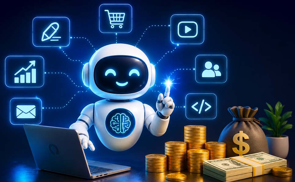 Futuristic AI robot working on a laptop with digital automation icons, money stacks, and glowing blue technology interface representing AI agents making money online in 2026.