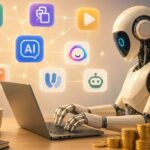 Futuristic AI robot working on a laptop with floating app icons and money symbols representing online income and automation