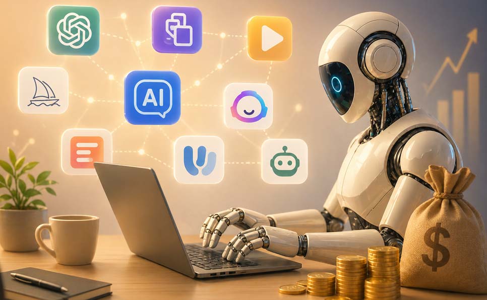Futuristic AI robot working on a laptop with floating app icons and money symbols representing online income and automation