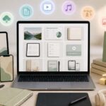 Workspace setup showcasing digital products on a laptop screen with tablets, smartphone, camera, and eCommerce icons representing passive income opportunities.