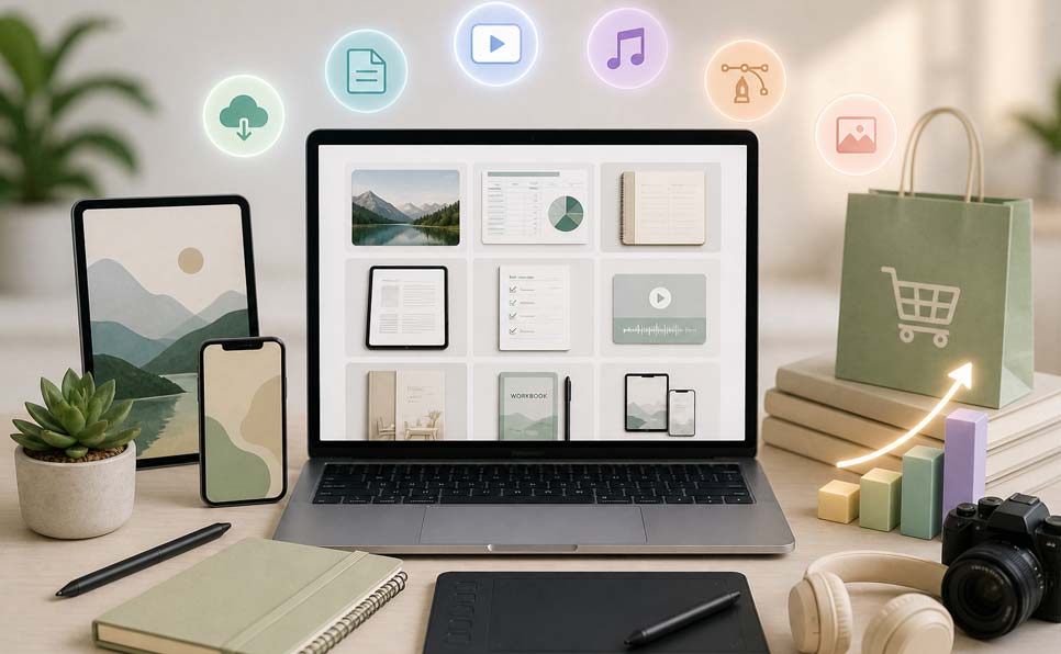 Workspace setup showcasing digital products on a laptop screen with tablets, smartphone, camera, and eCommerce icons representing passive income opportunities.