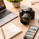 A flat-lay of a photographer's workspace featuring a DSLR camera, laptop with photo editing software, smartphone displaying a photo grid, printed photographs, an open notebook with a pen, glasses, an external hard drive, and a potted plant on a wooden desk.