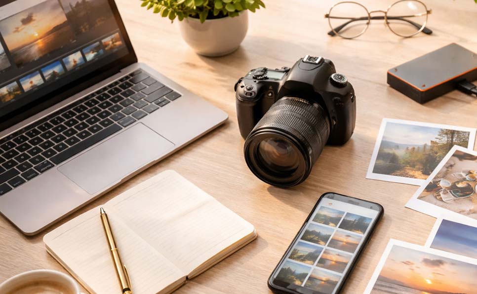 A flat-lay of a photographer's workspace featuring a DSLR camera, laptop with photo editing software, smartphone displaying a photo grid, printed photographs, an open notebook with a pen, glasses, an external hard drive, and a potted plant on a wooden desk.