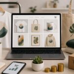 Laptop displaying print-on-demand products with custom apparel, tote bags, mugs, and accessories arranged in a modern workspace setup.