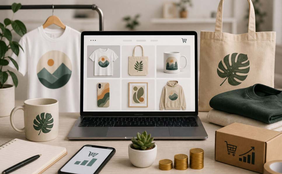 Laptop displaying print-on-demand products with custom apparel, tote bags, mugs, and accessories arranged in a modern workspace setup.